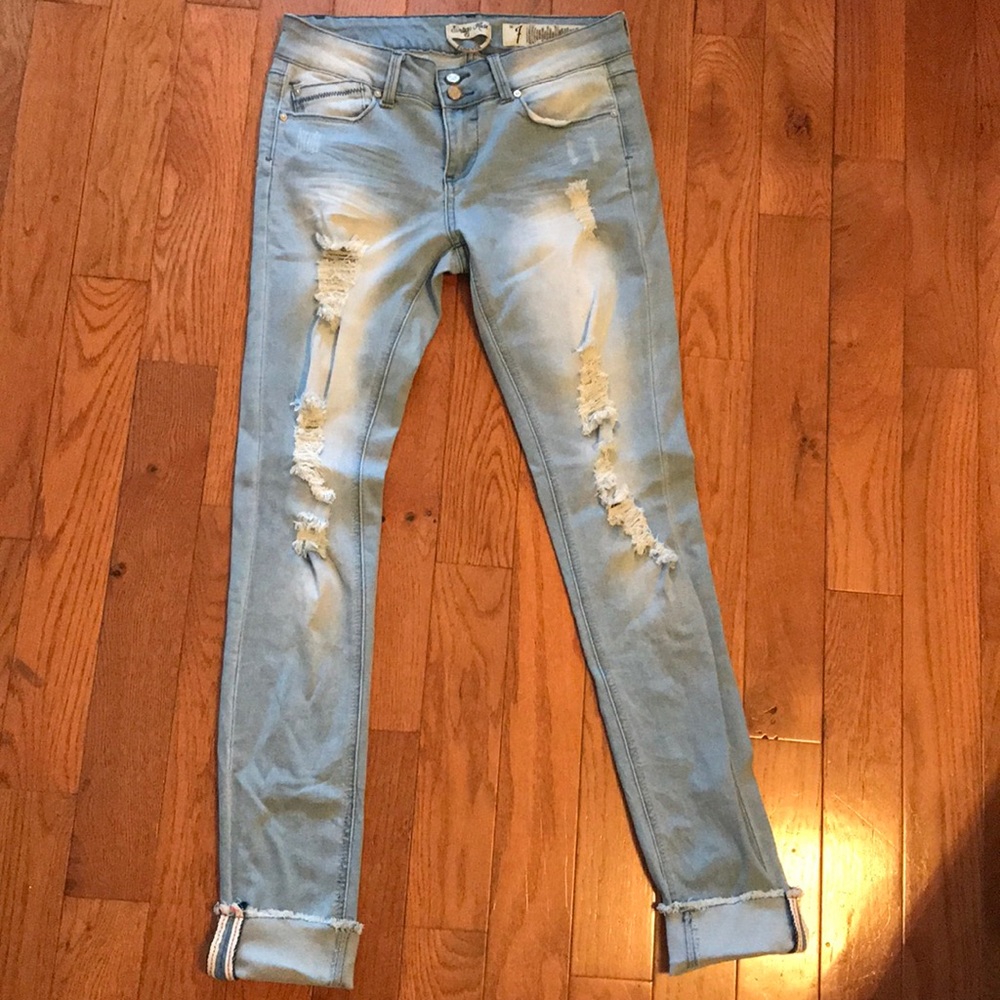 Destructed raw hem cuffed jean - light wash